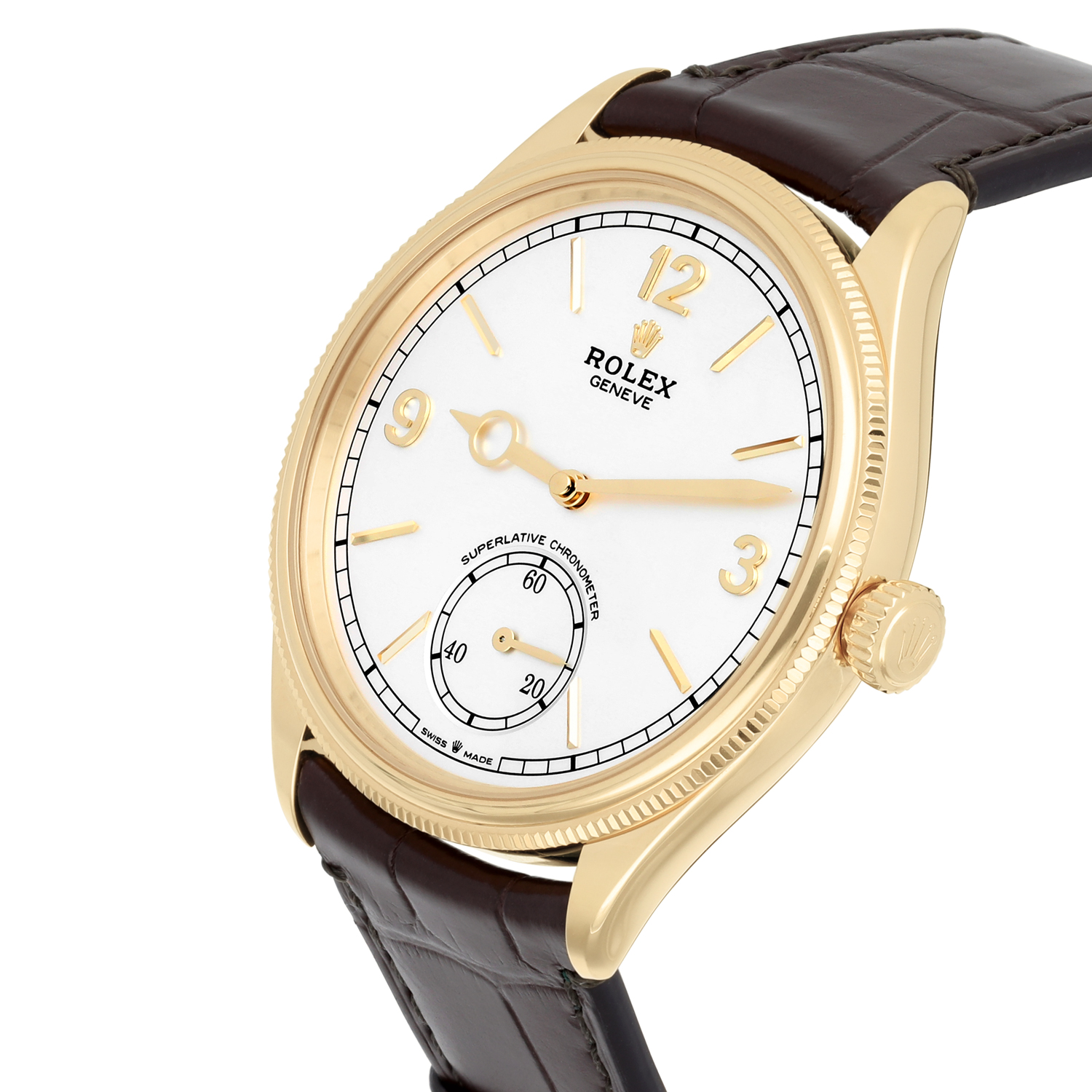 Rolex 1908 52508-0006 Fluted Bezel White Index Arabic Dial Brown Strap Yellow Gold Watch 2024 - Image 4