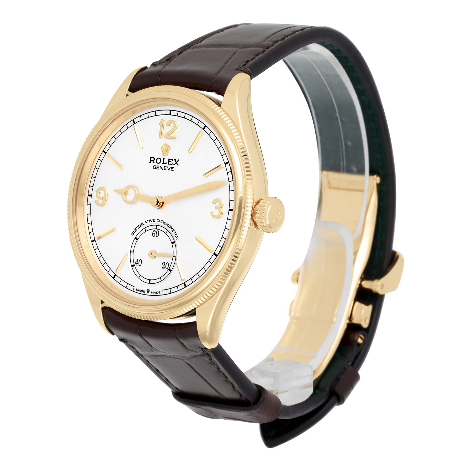 Rolex 1908 52508-0006 Fluted Bezel White Index Arabic Dial Brown Strap Yellow Gold Watch 2024 - Image 5