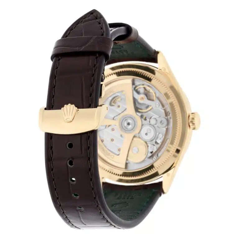 Rolex 1908 52508-0006 Fluted Bezel White Index Arabic Dial Brown Strap Yellow Gold Watch – image 8