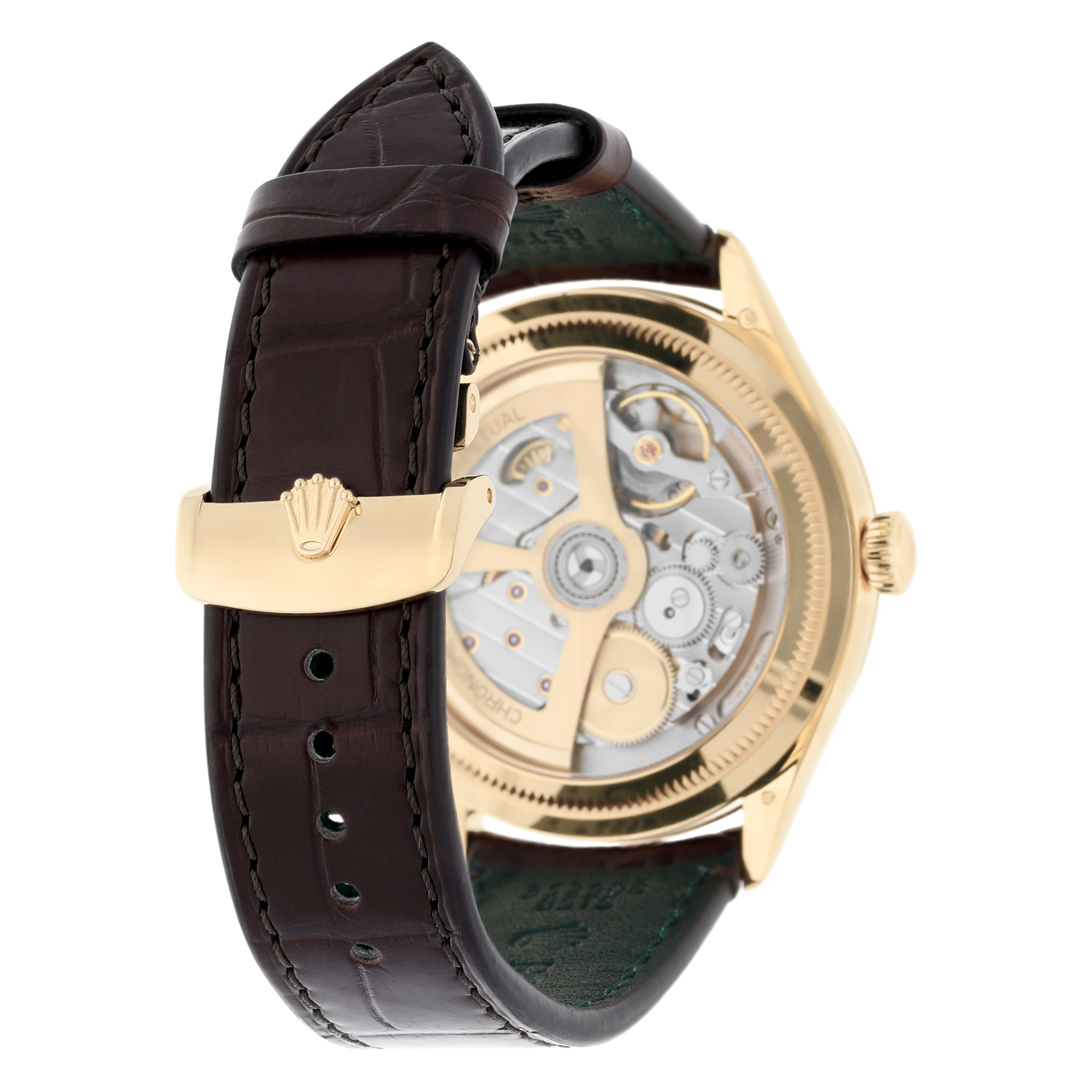 Rolex 1908 52508-0006 Fluted Bezel White Index Arabic Dial Brown Strap Yellow Gold Watch 2024 - Image 8