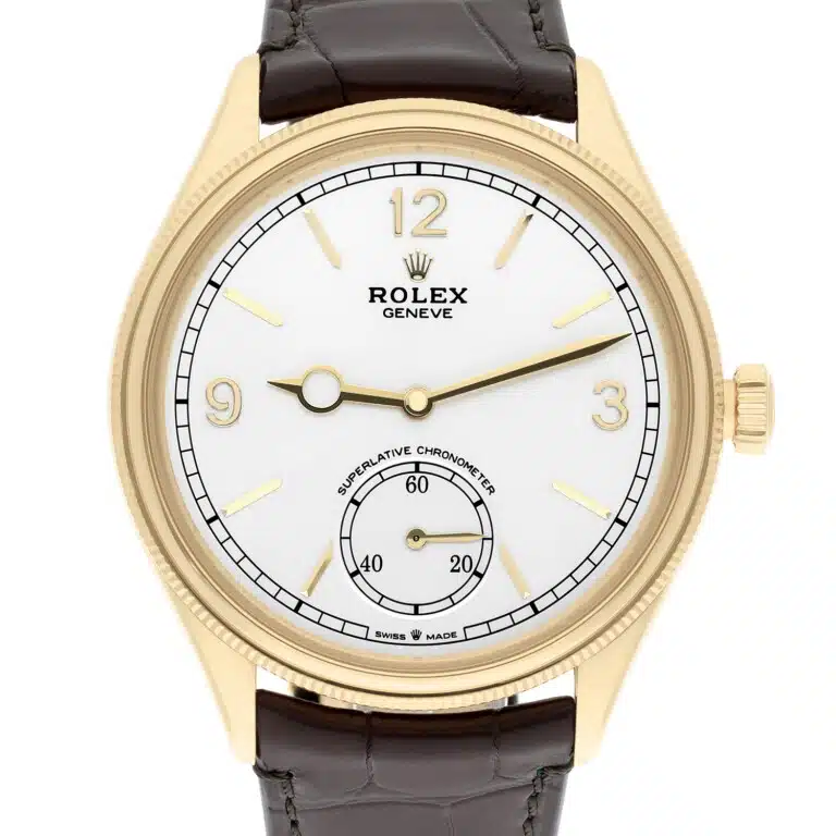 Rolex 1908 52508-0006 Fluted Bezel White Index Arabic Dial Brown Strap Yellow Gold Watch – image 3