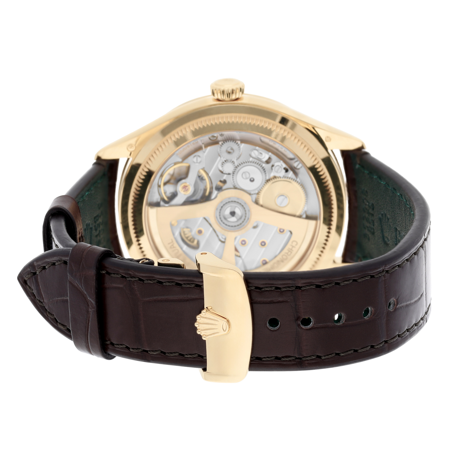 Rolex 1908 52508-0006 Fluted Bezel White Index Arabic Dial Brown Strap Yellow Gold Watch 2024 - Image 9