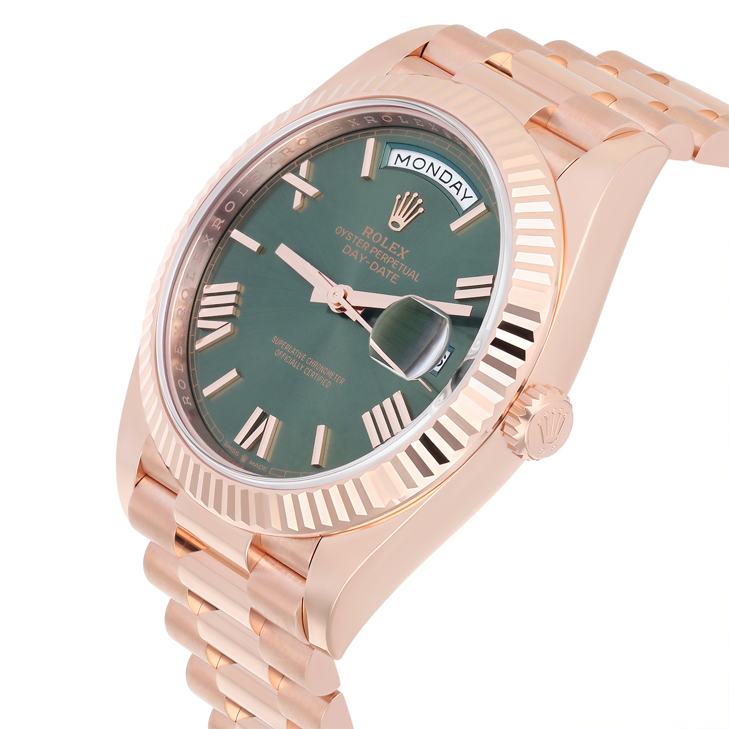 Rolex Day-Date 228235-0025 40 Fluted Bezel Green Bevelled Roman Dial President Bracelet Rose Gold Watch 2025 - Image 4