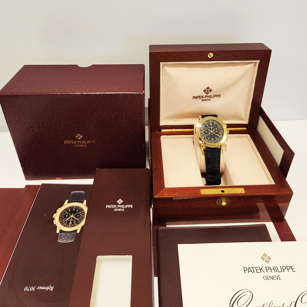 Patek Philippe Complications 5070J-001 42mm Black Dial Brown Strap Yellow Gold Watch