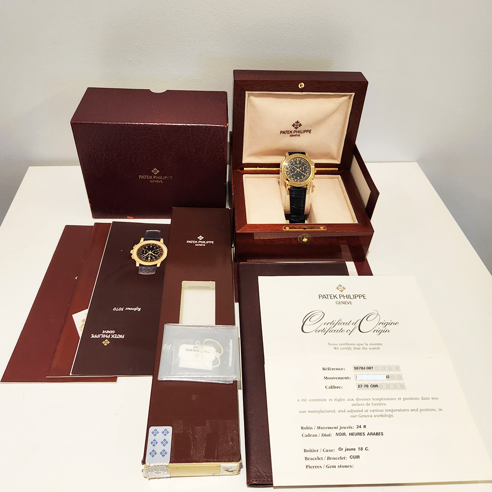 Patek Philippe Complications 5070J-001 42mm Black Dial Brown Strap Yellow Gold Watch