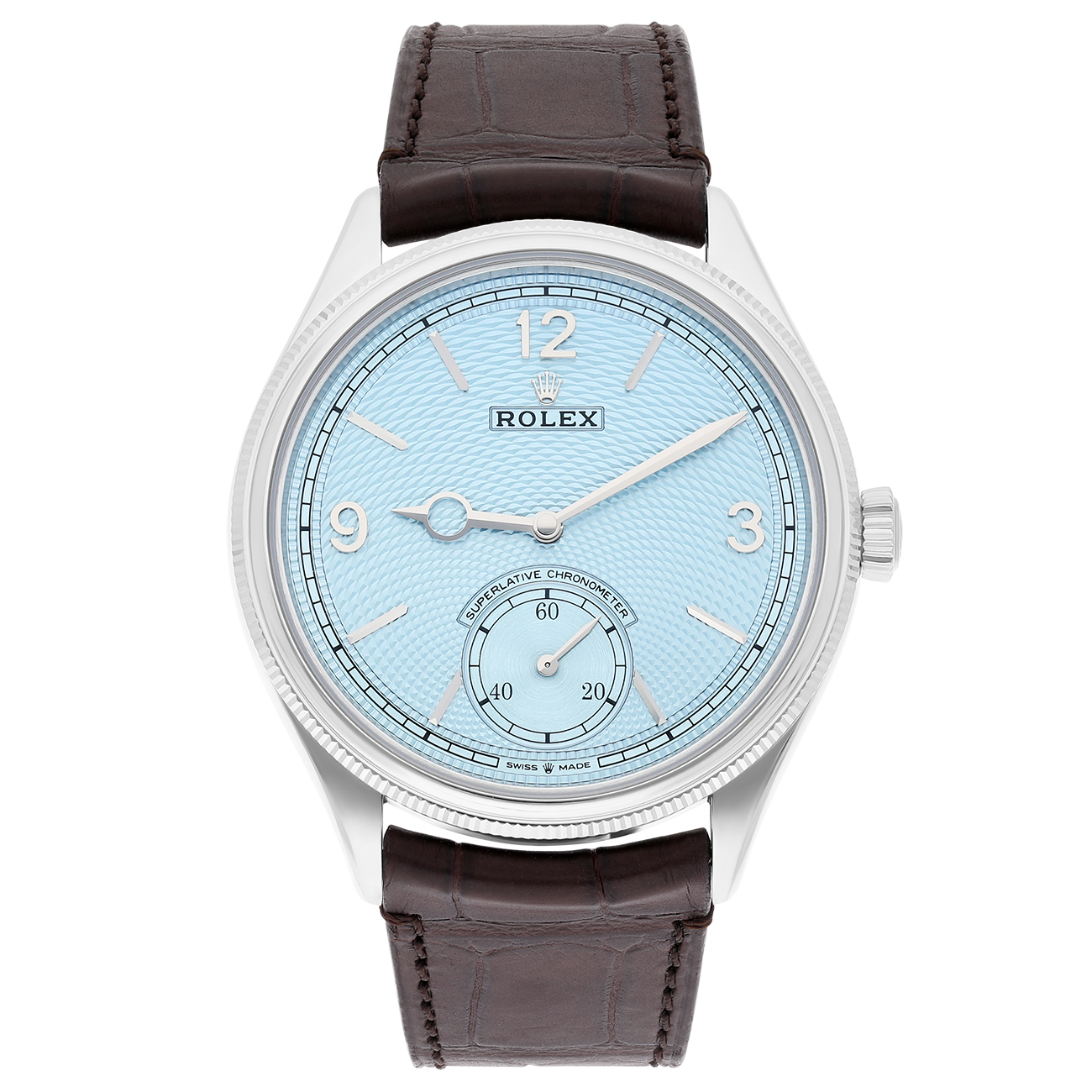 Rolex 1908 52506-0002 Ice Blue Dial Alligator Leather Strap Platinum Watch 2025