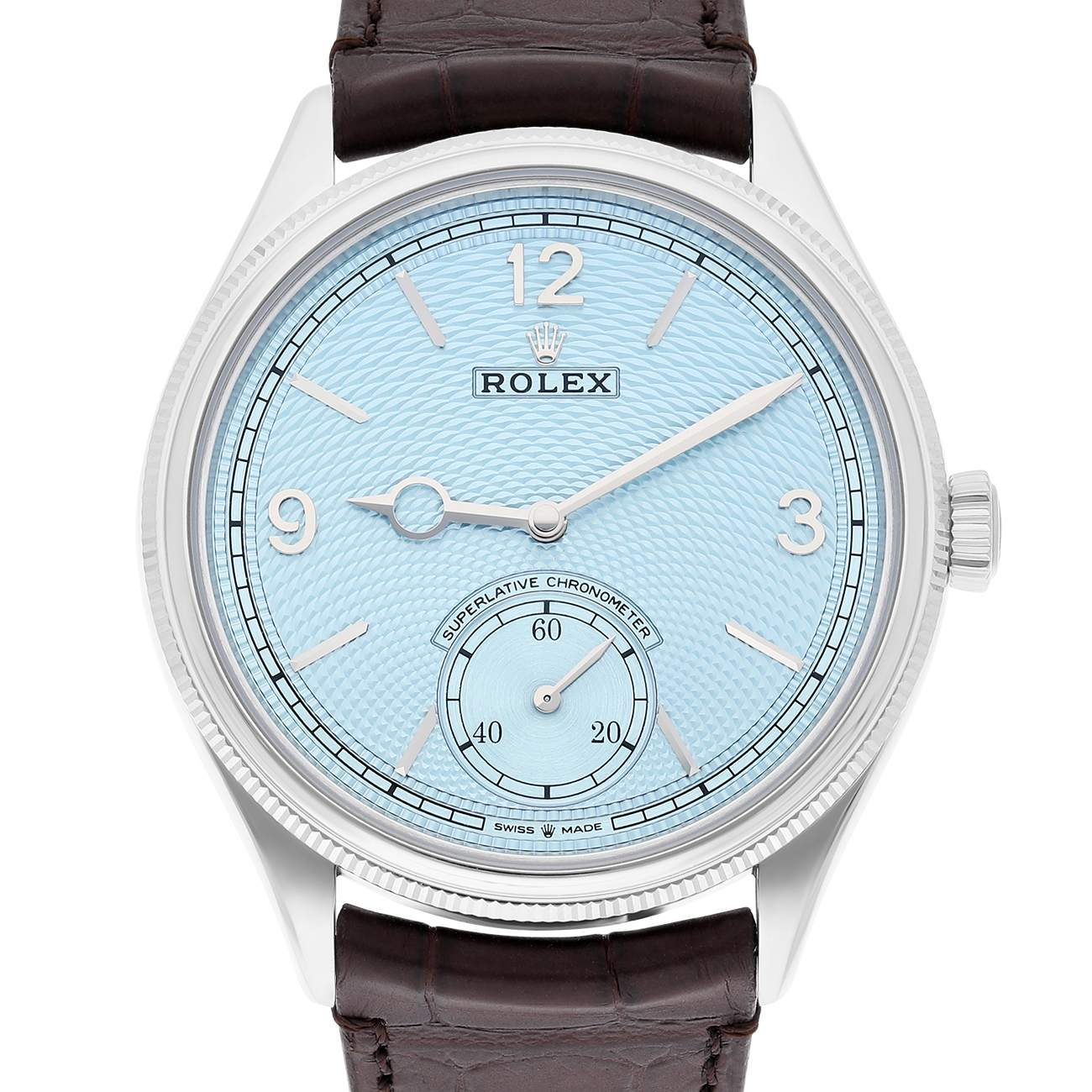 Rolex 1908 52506-0002 Ice Blue Dial Alligator Leather Strap Platinum Watch 2025