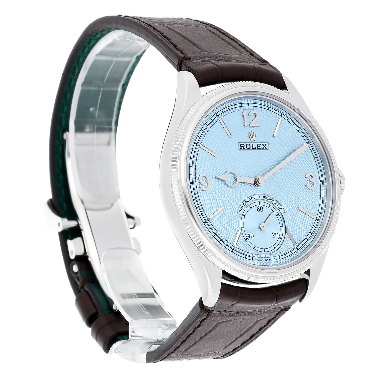 Rolex 1908 52506-0002 Ice Blue Dial Alligator Leather Strap Platinum Watch 2025