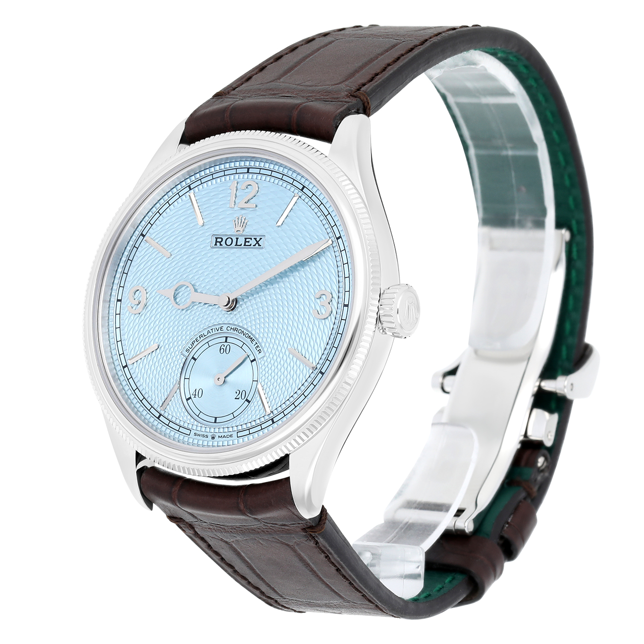 Rolex 1908 52506-0002 Ice Blue Dial Alligator Leather Strap Platinum Watch 2025