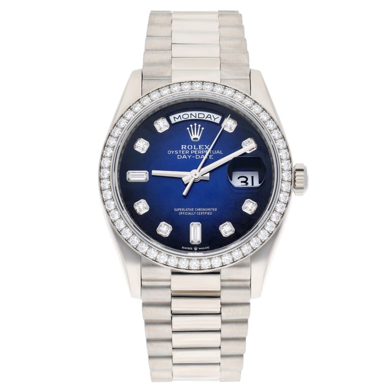 Rolex Day-Date 128349RBR-0010 36mm White Gold Diamond Bezel Blue Diamond Dial Watch – alternate view