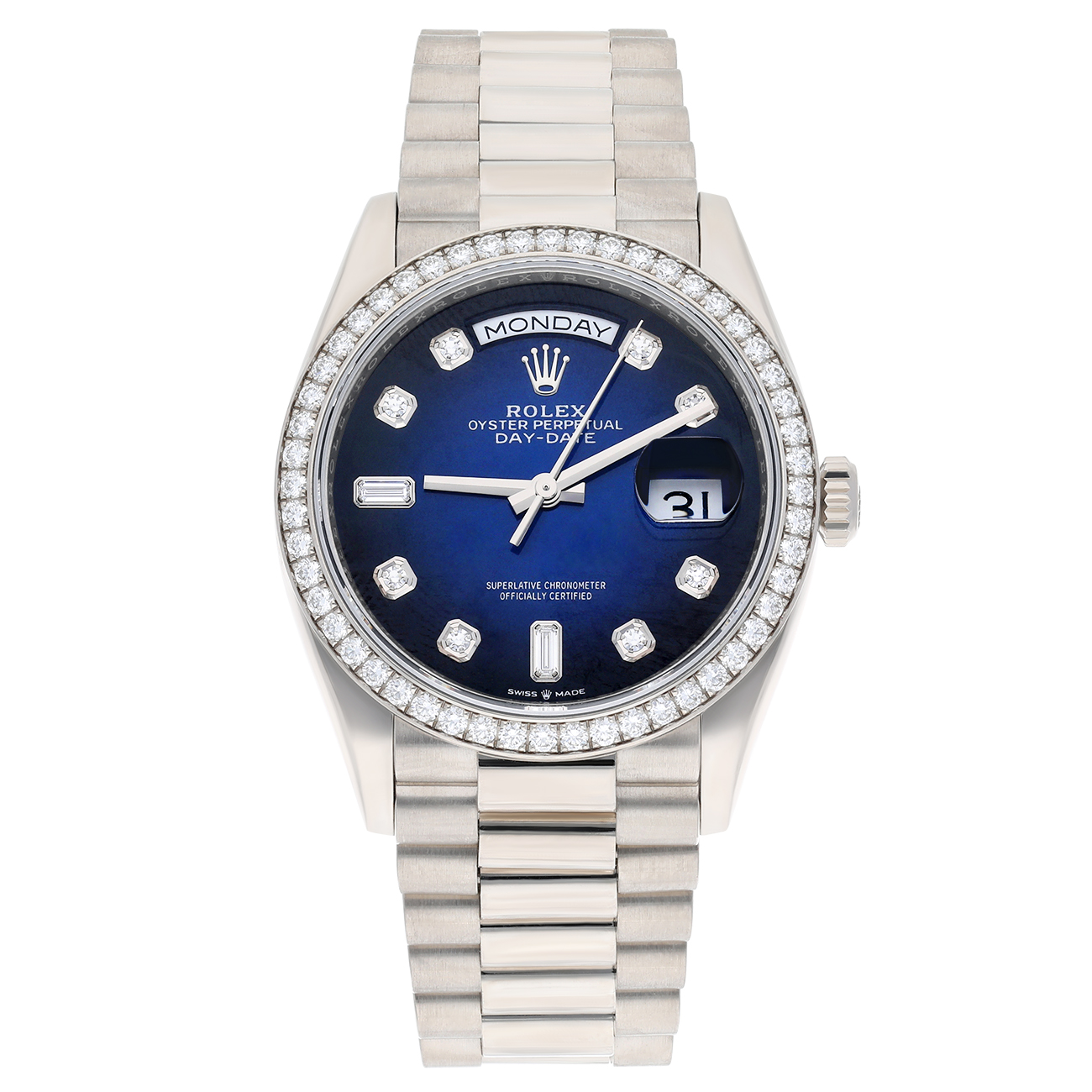 Rolex Day-Date 128349RBR-0010 2021 36mm White Gold Diamond Bezel Blue Diamond Dial Watch