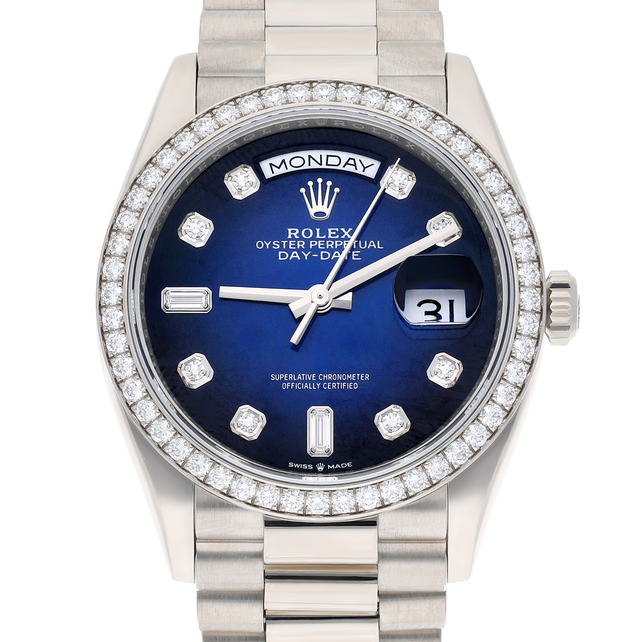 Rolex Day-Date 128349RBR-0010 2021 36mm White Gold Diamond Bezel Blue Diamond Dial Watch
