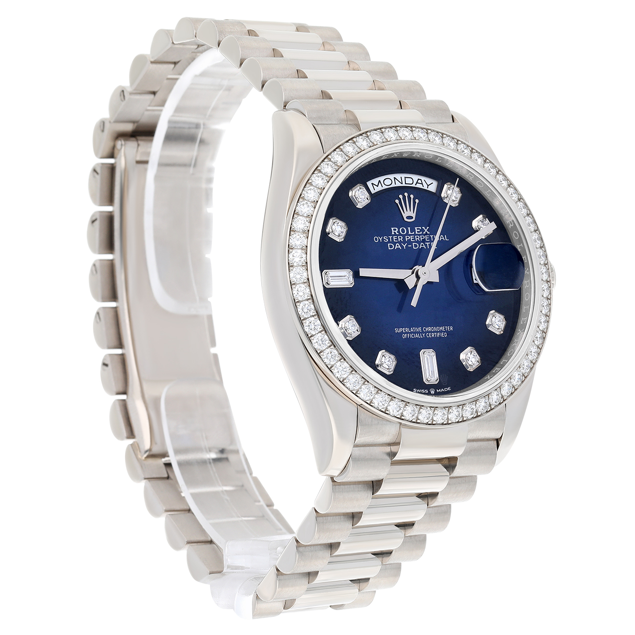 Rolex Day-Date 128349RBR-0010 2021 36mm White Gold Diamond Bezel Blue Diamond Dial Watch
