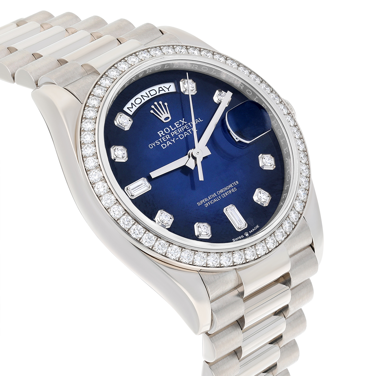 Rolex Day-Date 128349RBR-0010 2021 36mm White Gold Diamond Bezel Blue Diamond Dial Watch
