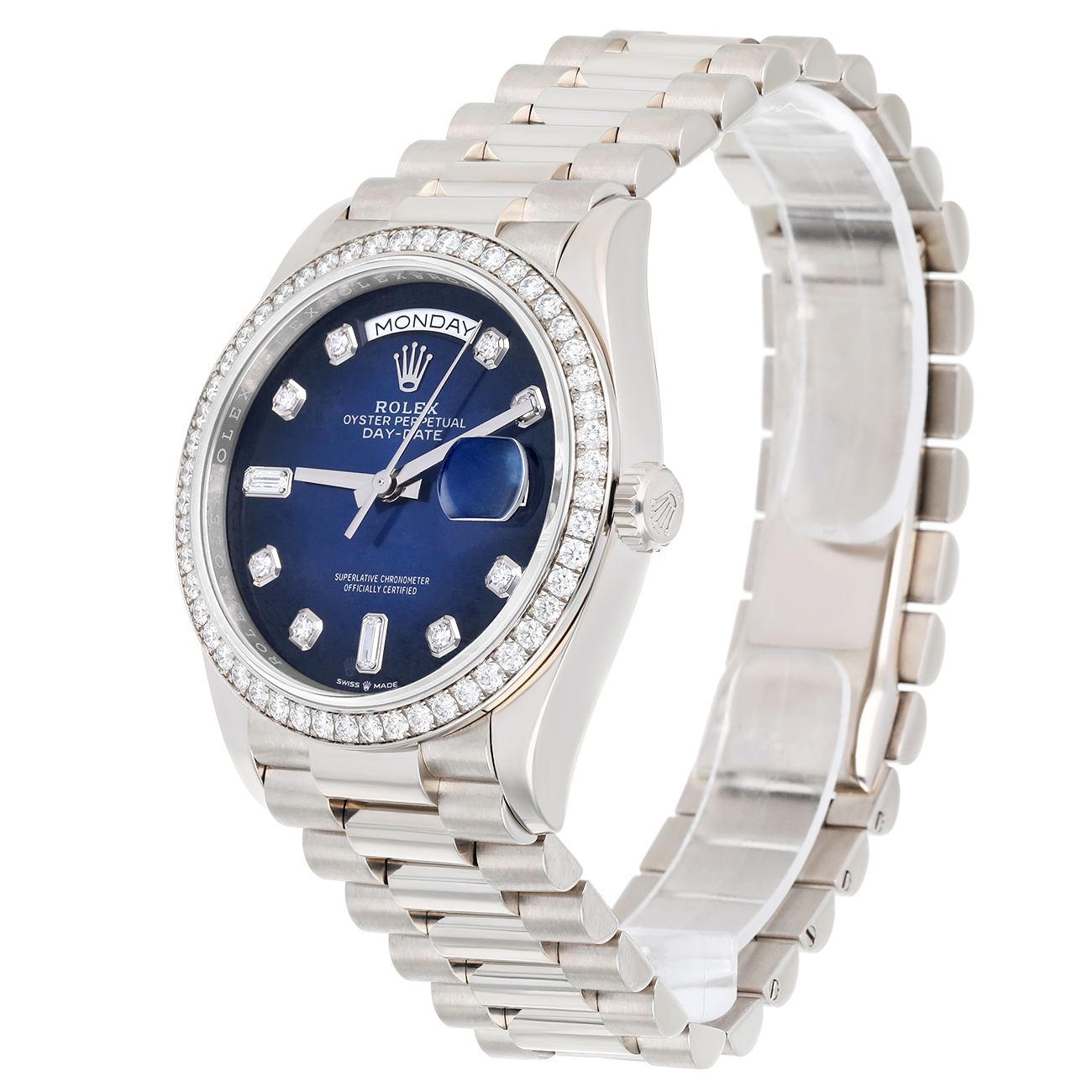 Rolex Day-Date 128349RBR-0010 2021 36mm White Gold Diamond Bezel Blue Diamond Dial Watch