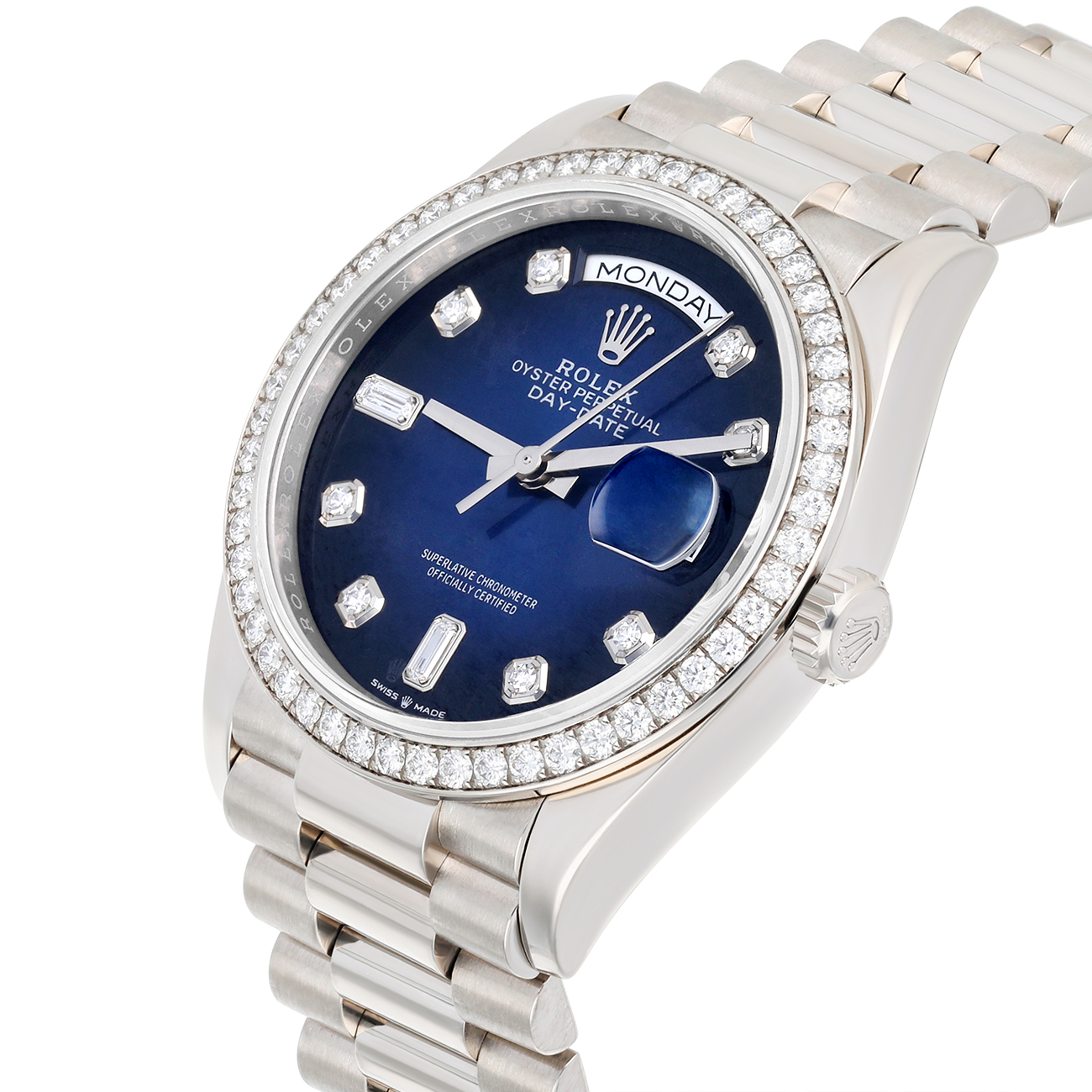 Rolex Day-Date 128349RBR-0010 2021 36mm White Gold Diamond Bezel Blue Diamond Dial Watch