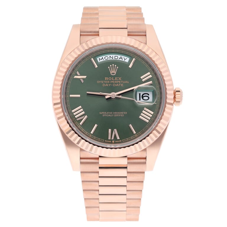 Rolex Day-Date 228235-0025 40 Fluted Bezel Green Bevelled Roman Dial President Bracelet Rose Gold Watch 2025 – alternate view