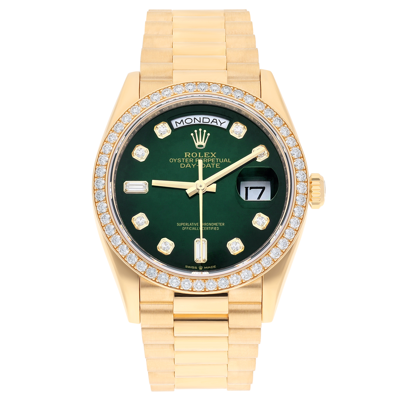 Rolex Day-Date 128348RBR-0035 2024 Yellow Gold Diamond Bezel Green Diamond Dial Watch