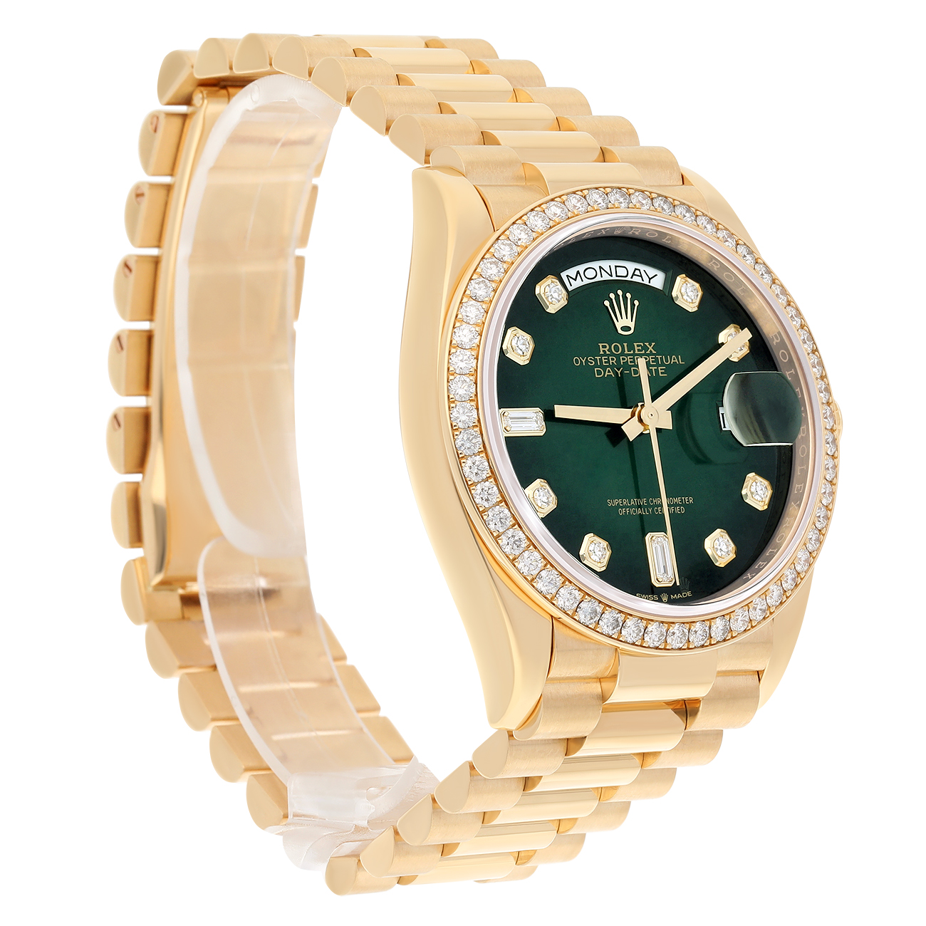Rolex Day-Date 128348RBR-0035 2024 Yellow Gold Diamond Bezel Green Diamond Dial Watch