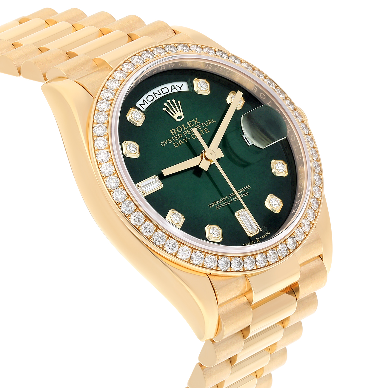 Rolex Day-Date 128348RBR-0035 2024 Yellow Gold Diamond Bezel Green Diamond Dial Watch