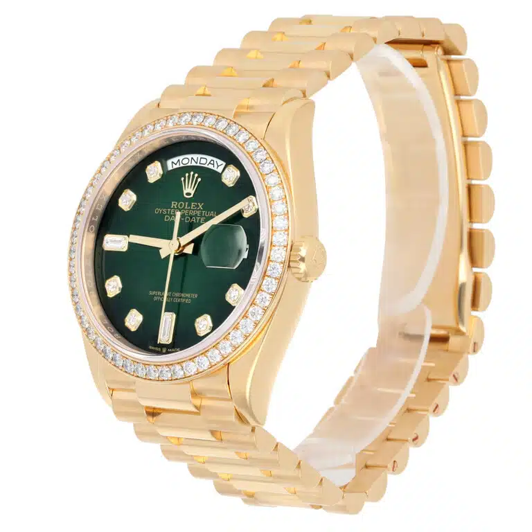 Rolex Day-Date 128348RBR-0035 2024 Yellow Gold Diamond Bezel Green Diamond Dial Watch – image 6