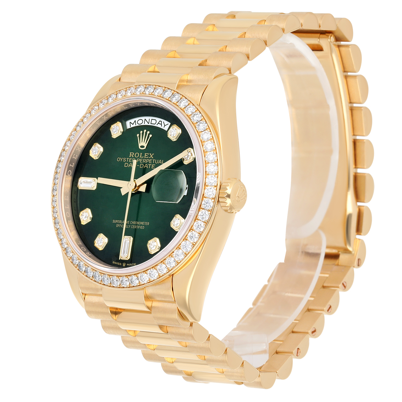 Rolex Day-Date 128348RBR-0035 2024 Yellow Gold Diamond Bezel Green Diamond Dial Watch