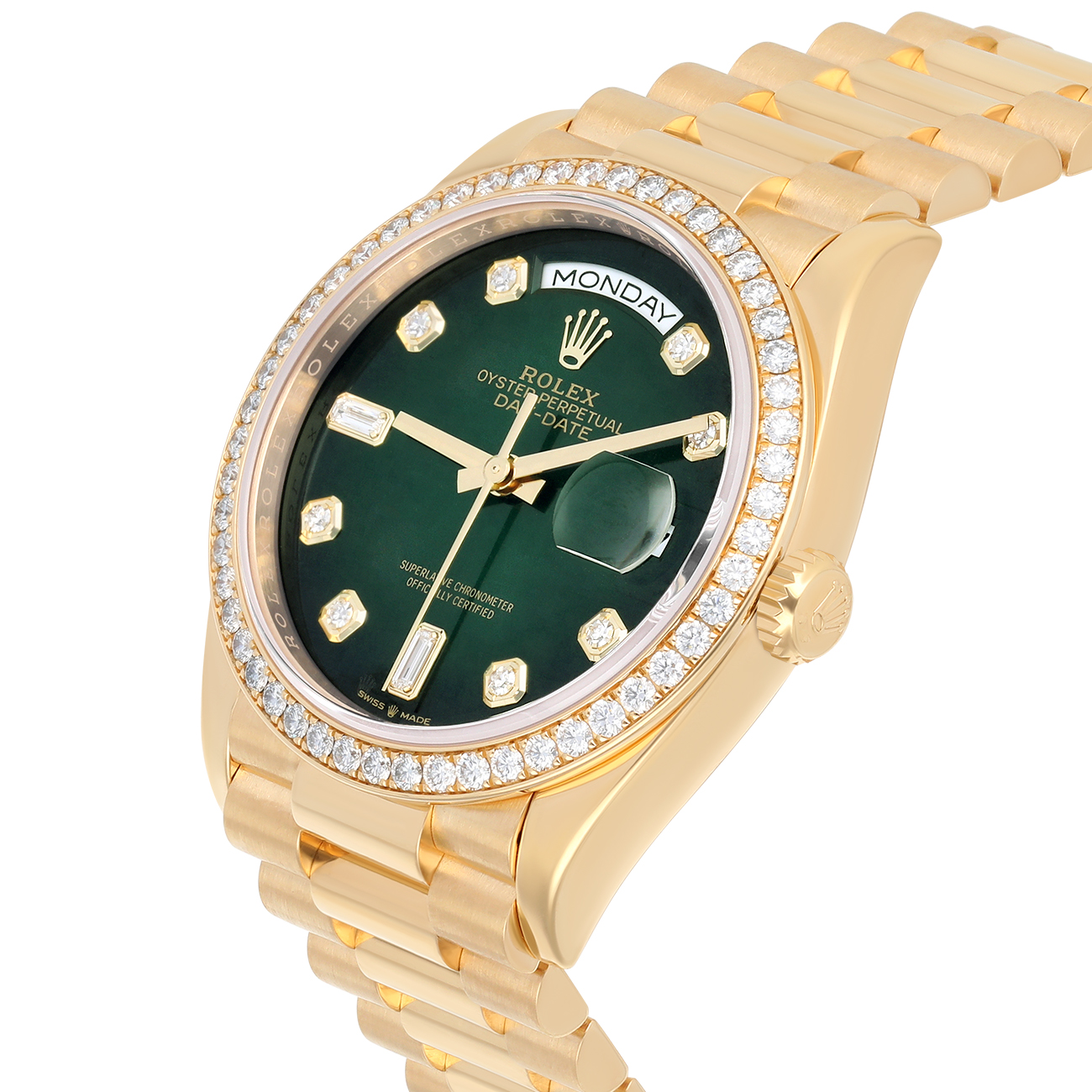Rolex Day-Date 128348RBR-0035 2024 Yellow Gold Diamond Bezel Green Diamond Dial Watch