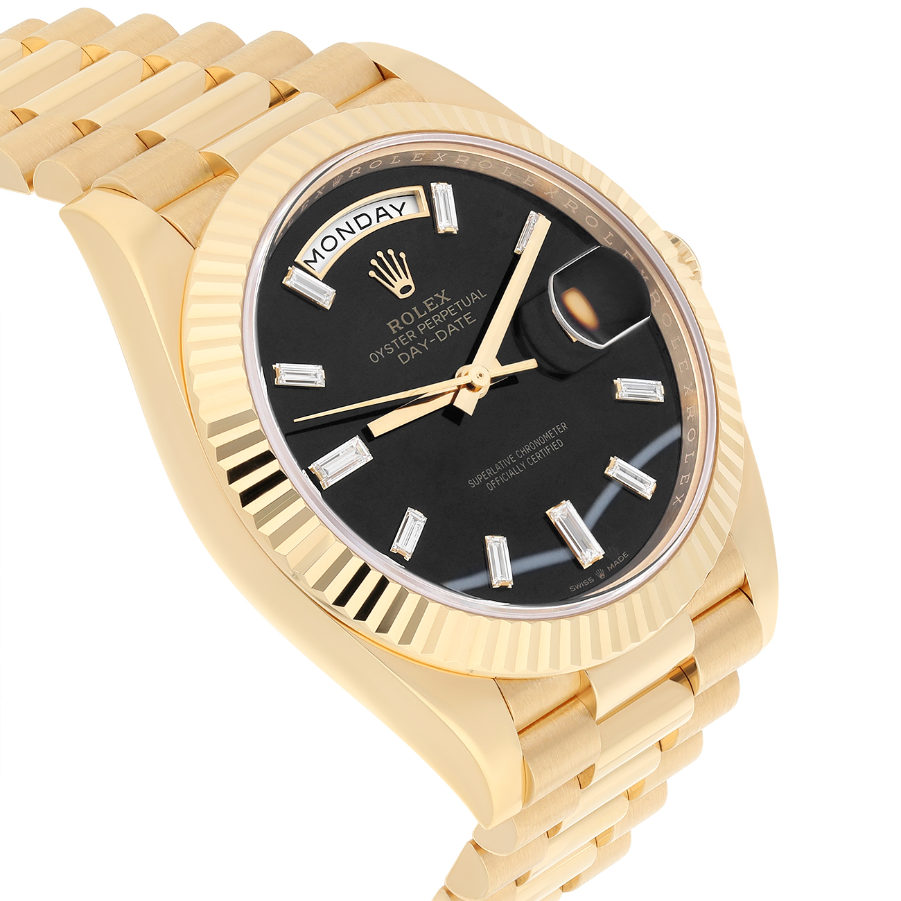 Rolex Day-Date 40 228238-0059 Fluted Bezel Onyx Dial President Bracelet Yellow Gold 2023