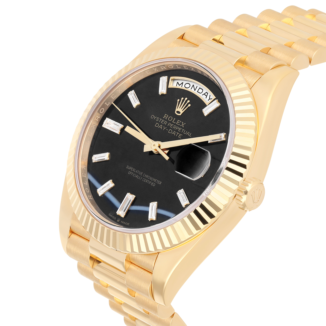 Rolex Day-Date 40 228238-0059 Fluted Bezel Onyx Dial President Bracelet Yellow Gold 2023