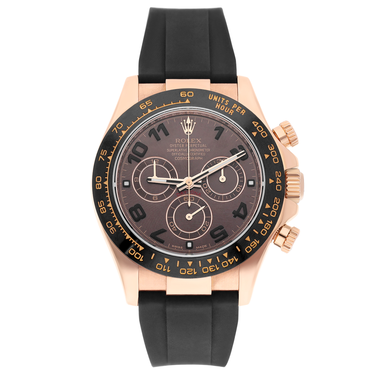 Rolex Cosmograph Daytona 116515ln-0015 40mm Chocolate Arabic Dial Black Rubber Strap Rose Gold Watch