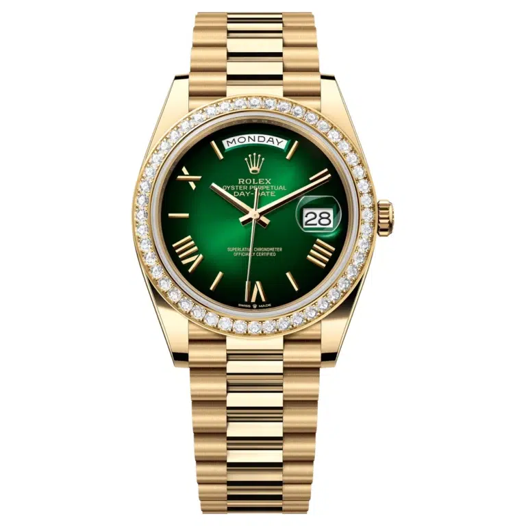 Rolex Day-Date 40 228348RBR-0045 green ombre dial, diamond bezel, President bracelet