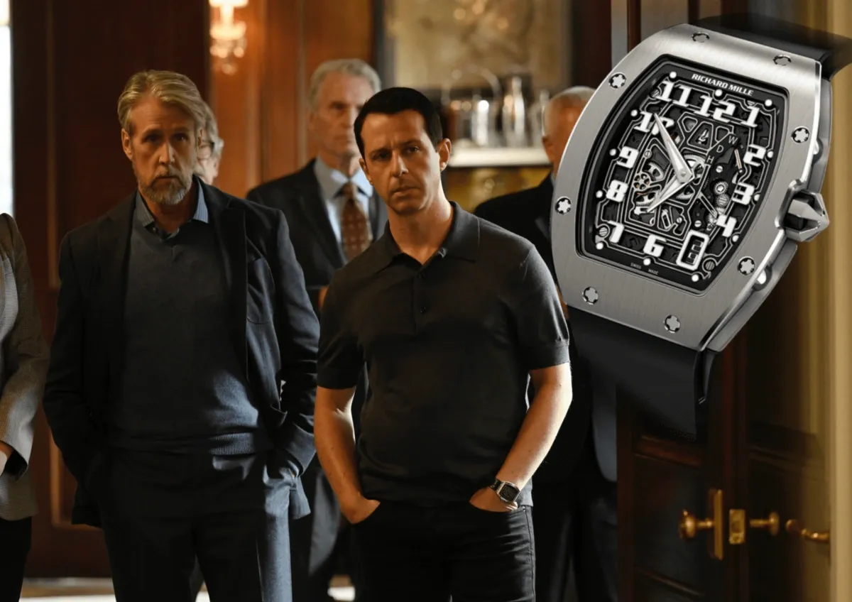 Luxury Richard Mille watch featured alongside characters from Succession Season 4 in a formal setting.