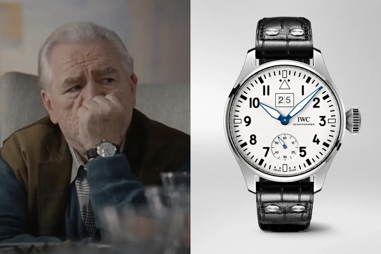 IWC Schaffhausen watch with white dial and black leather strap worn by a character from Succession on HBO.