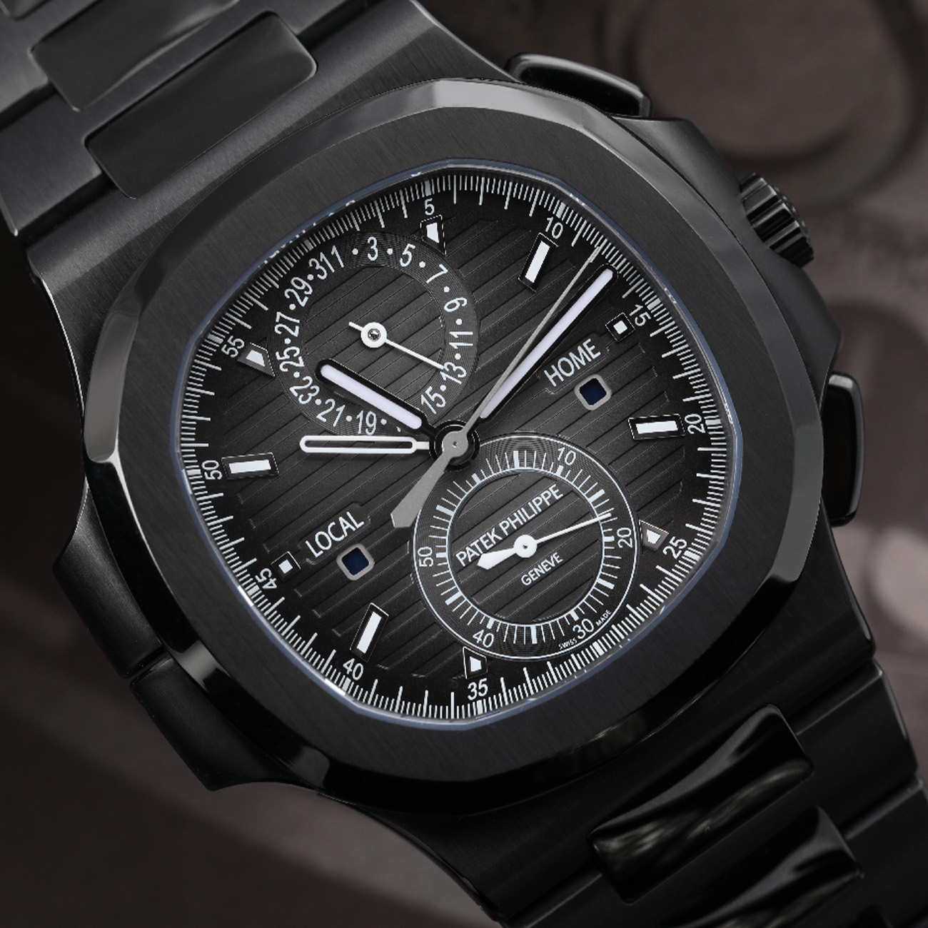 Patek Philippe Nautilus 5990/1A-001 Grey Chronograph Dual Time Dial Black PVD/DLC Coated Stainless Steel Watch
