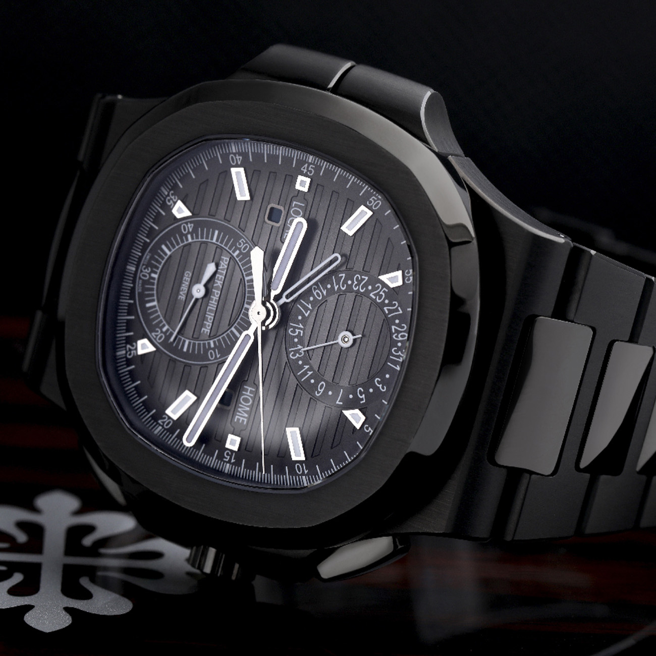 Patek Philippe Nautilus 5990/1A-001 Grey Chronograph Dual Time Dial Black PVD/DLC Coated Stainless Steel Watch