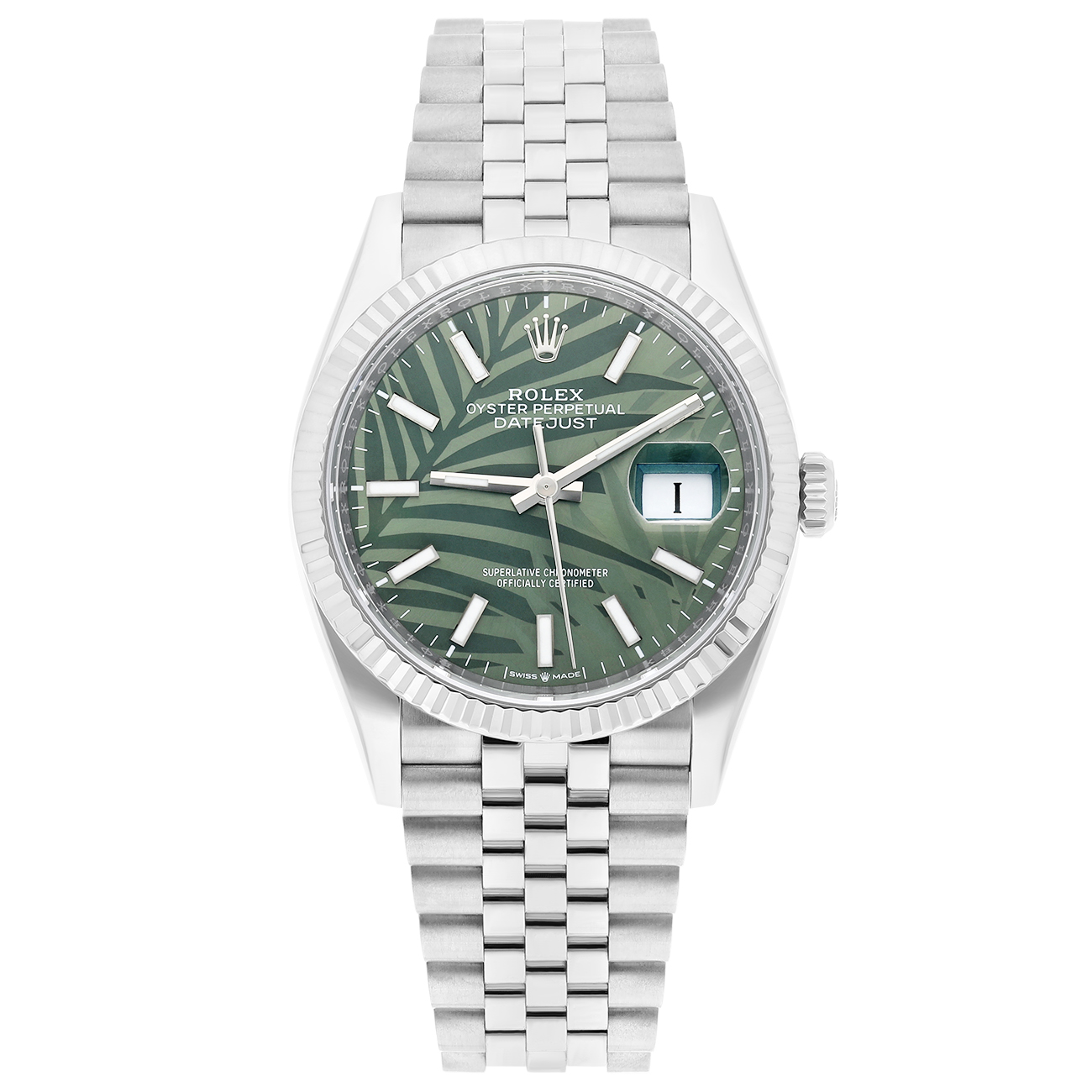 Rolex Datejust 126234-0047 36mm Green Palm Dial  Jubilee Stainless Steel Watch