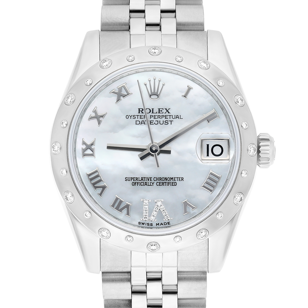Rolex Ladies Datejust 178344 mrj 31mm Silver Dial Scattered Diamond Bezel Jubilee Band