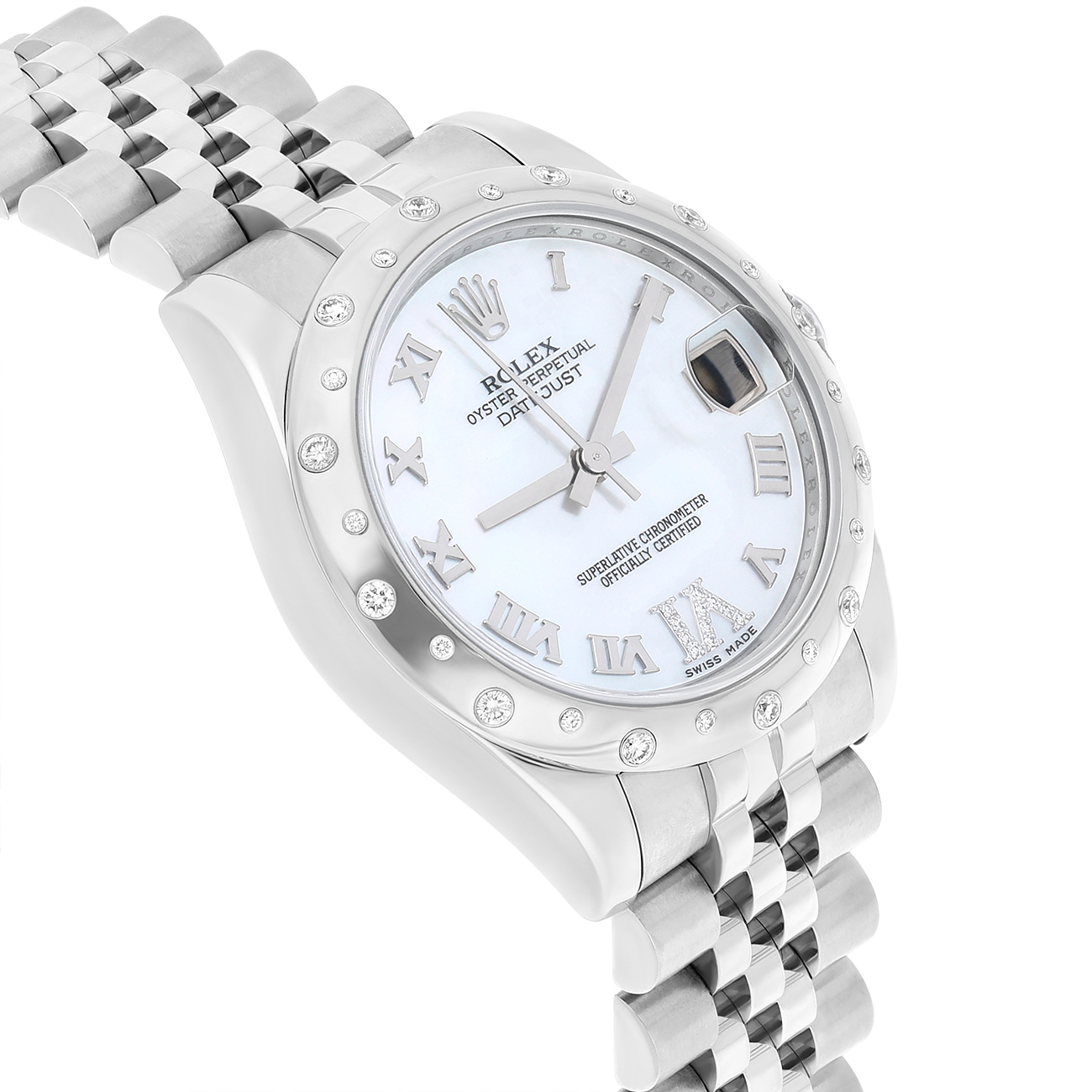 Rolex Ladies Datejust 178344 mrj 31mm Silver Dial Scattered Diamond Bezel Jubilee Band