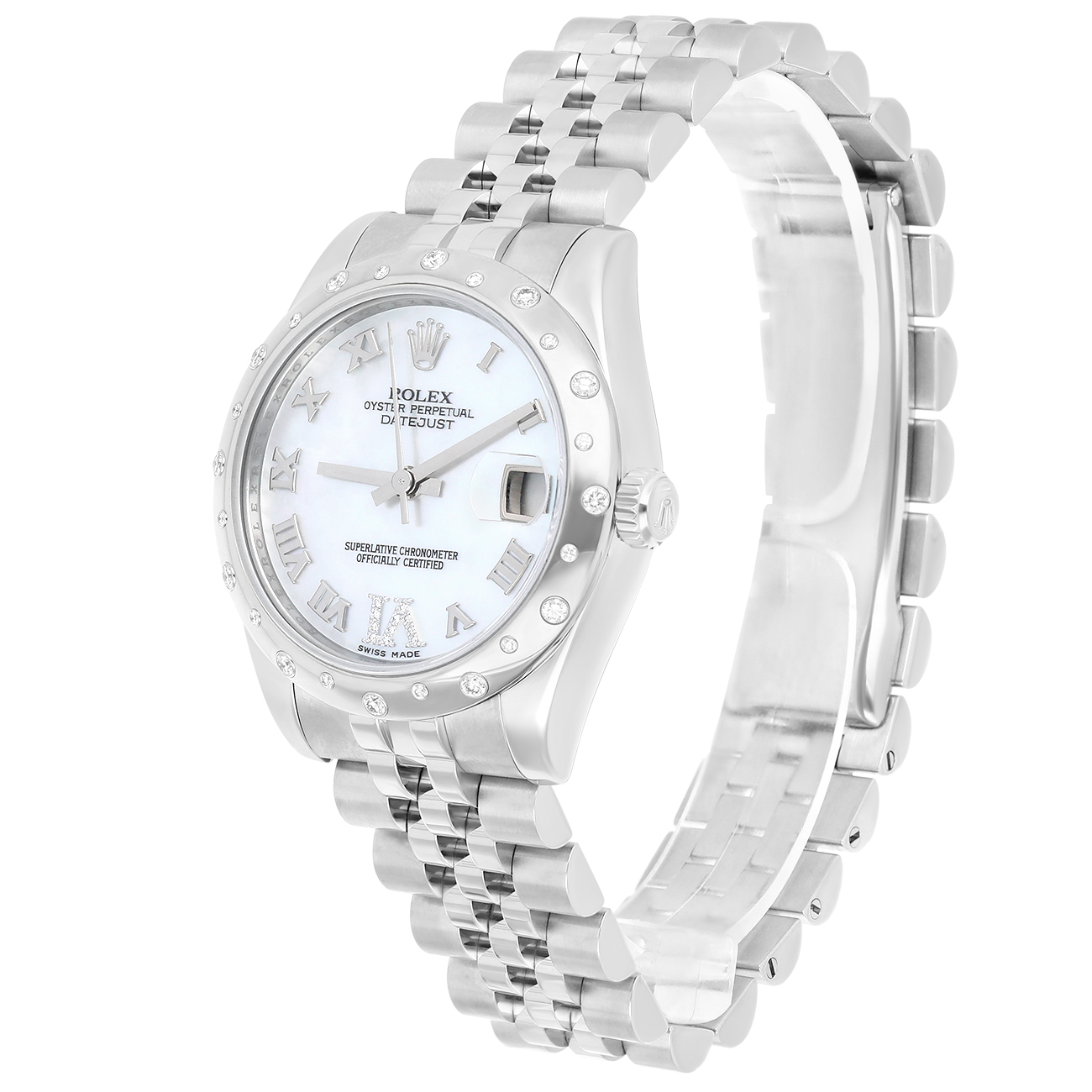 Rolex Ladies Datejust 178344 mrj 31mm Silver Dial Scattered Diamond Bezel Jubilee Band