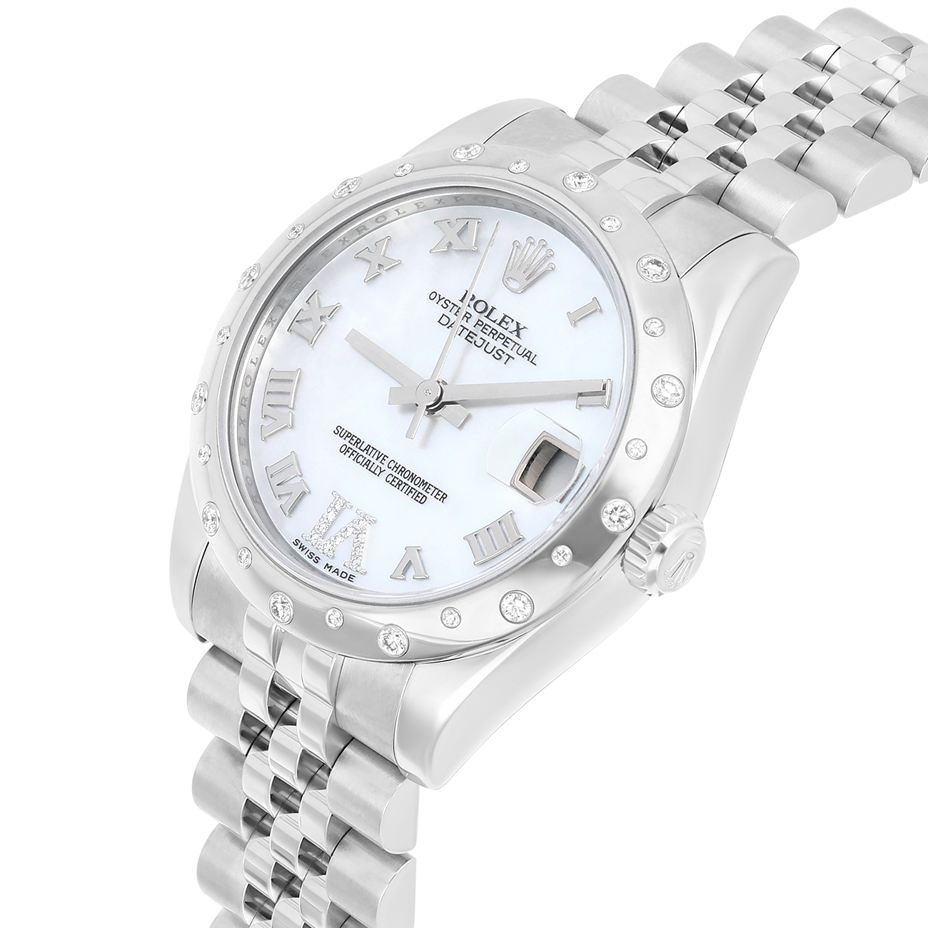 Rolex Ladies Datejust 178344 mrj 31mm Silver Dial Scattered Diamond Bezel Jubilee Band