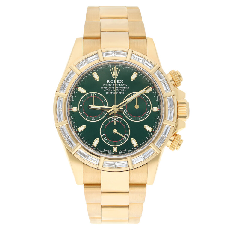 Rolex Cosmograph Daytona 116568BR 40mm Green Dial Baguette Diamond Bezel Oyster Yellow Gold Watch