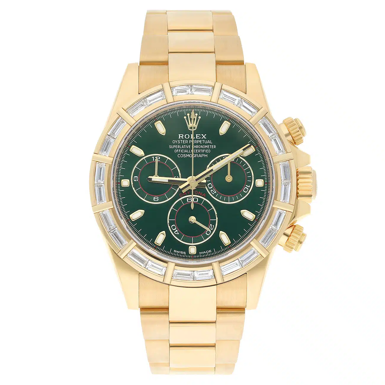 Rolex Cosmograph Daytona 116568BR 40mm Green Dial Baguette Diamond Bezel Oyster Yellow Gold Watch