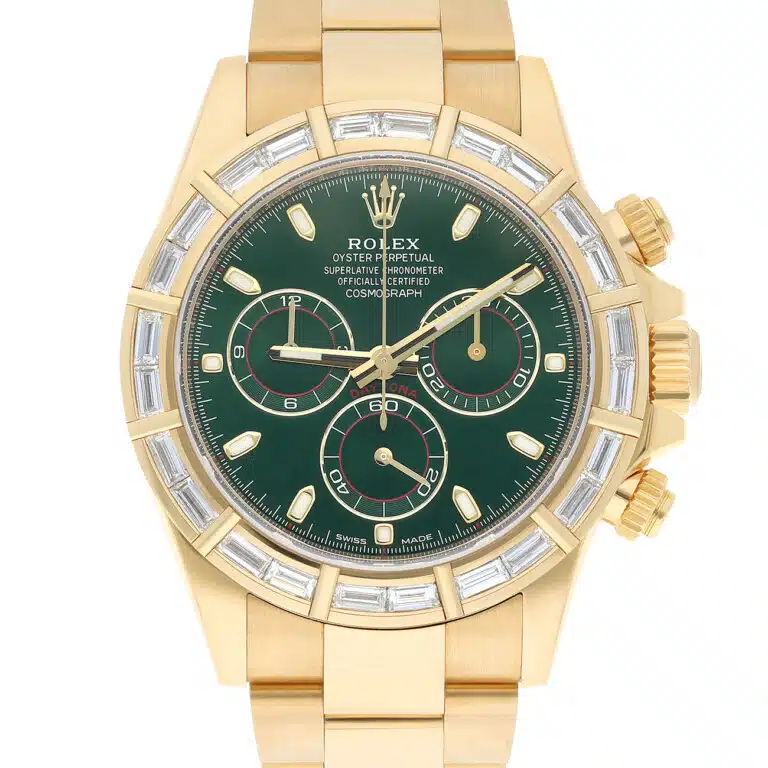 Rolex Cosmograph Daytona 116568BR 40mm Green Dial Baguette Diamond Bezel Oyster Yellow Gold Watch – image 2