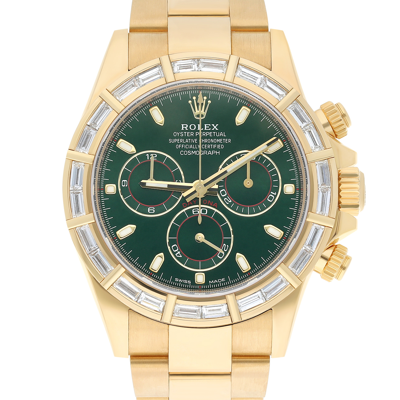 Rolex Cosmograph Daytona 116568BR 40mm Green Dial Baguette Diamond Bezel Oyster Yellow Gold Watch