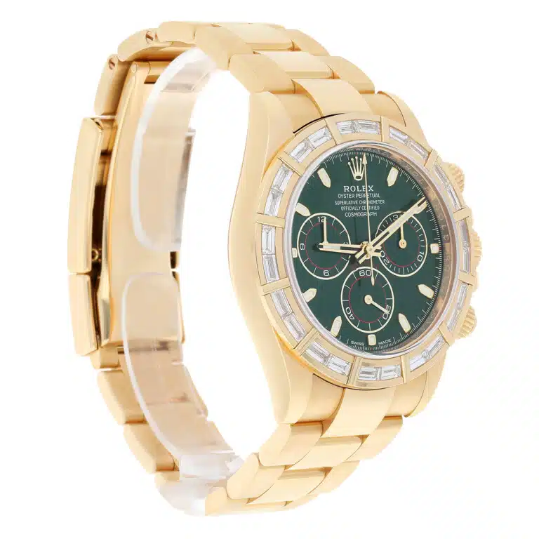 Rolex Cosmograph Daytona 116568BR 40mm Green Dial Baguette Diamond Bezel Oyster Yellow Gold Watch – image 3