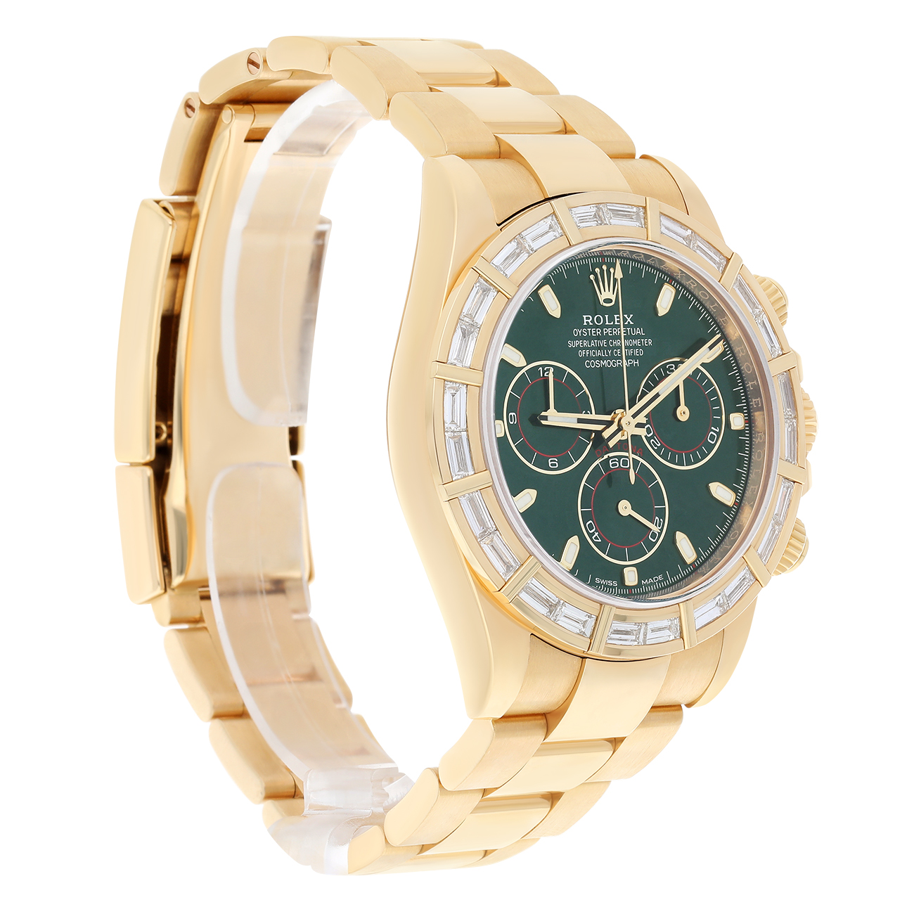 Rolex Cosmograph Daytona 116568BR 40mm Green Dial Baguette Diamond Bezel Oyster Yellow Gold Watch