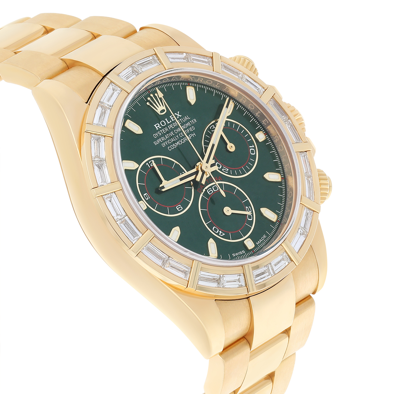 Rolex Cosmograph Daytona 116568BR 40mm Green Dial Baguette Diamond Bezel Oyster Yellow Gold Watch