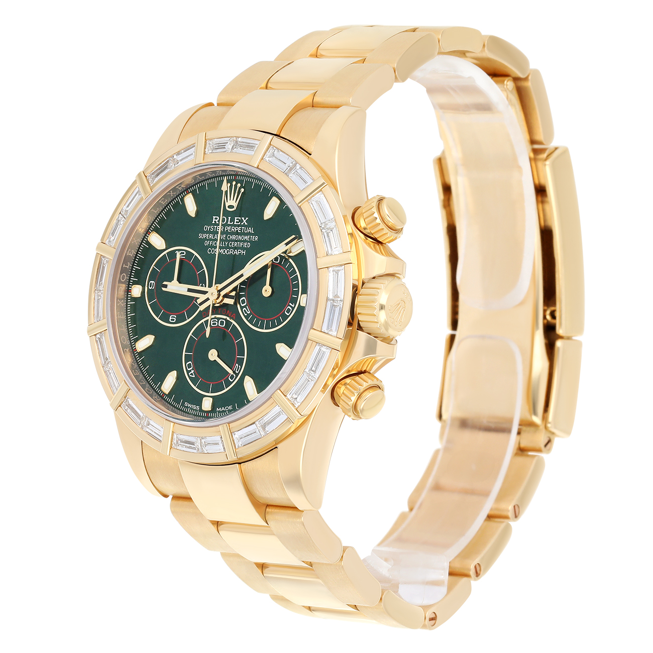 Rolex Cosmograph Daytona 116568BR 40mm Green Dial Baguette Diamond Bezel Oyster Yellow Gold Watch