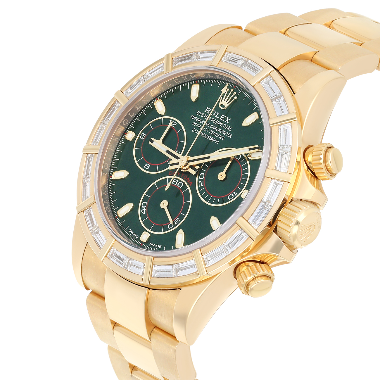 Rolex Cosmograph Daytona 116568BR 40mm Green Dial Baguette Diamond Bezel Oyster Yellow Gold Watch
