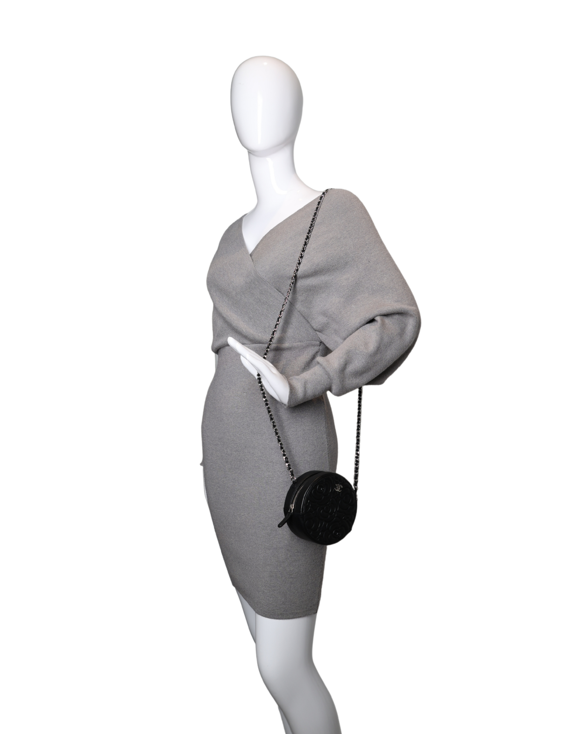 Chanel - Camellia Embossed Coin Purse Black Lambskin Silver Hardware (Pre-Owned)